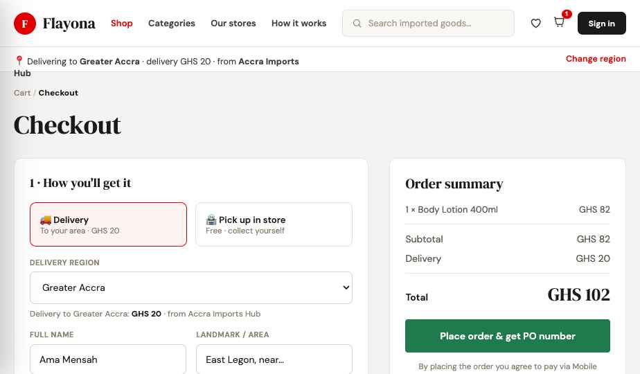 Flayona checkout with delivery or pickup, paid by Mobile Money
