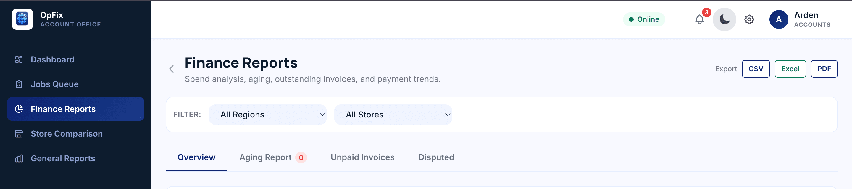 OpFix accounts finance reports with CSV, Excel and PDF export