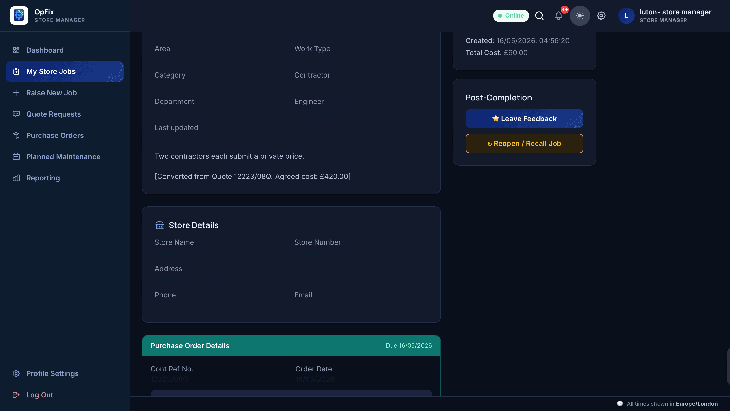 OpFix store manager job detail with recall workflow