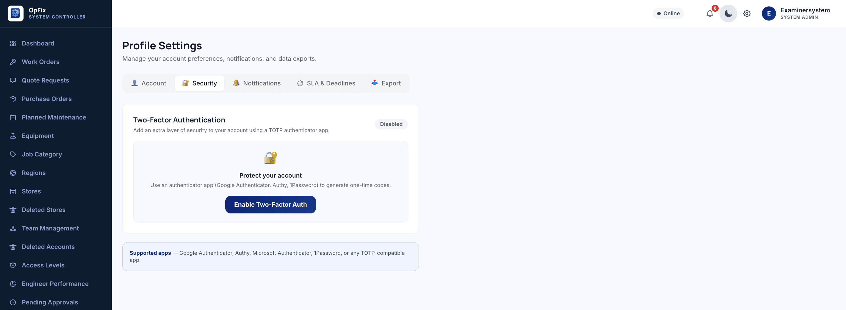 OpFix two-factor authentication settings