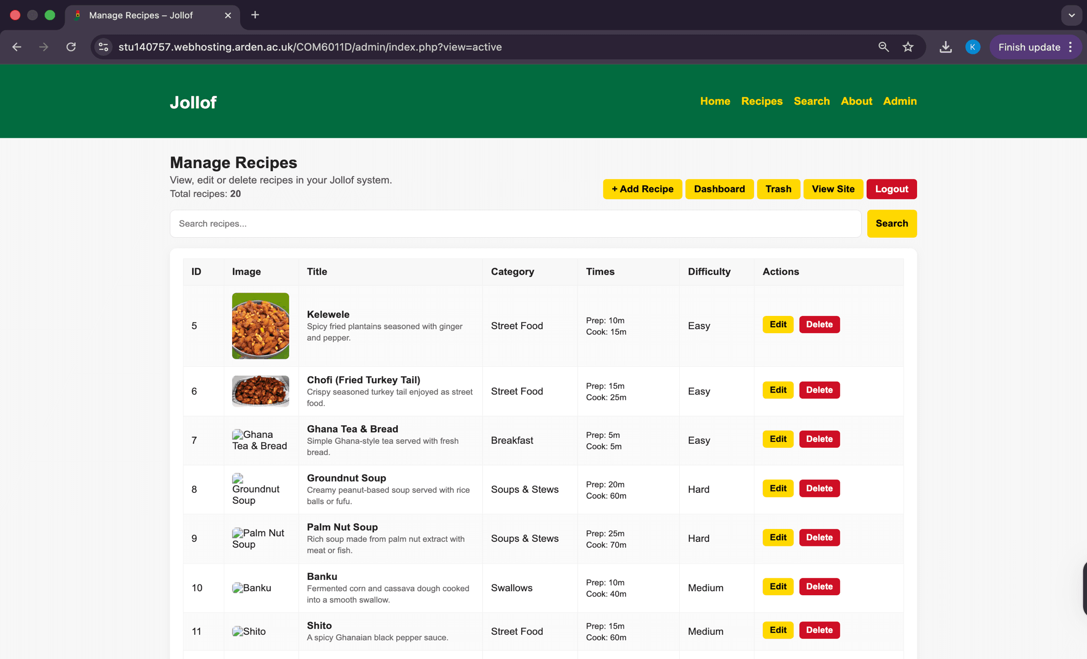 Admin Manage Recipes CRUD table with live-search