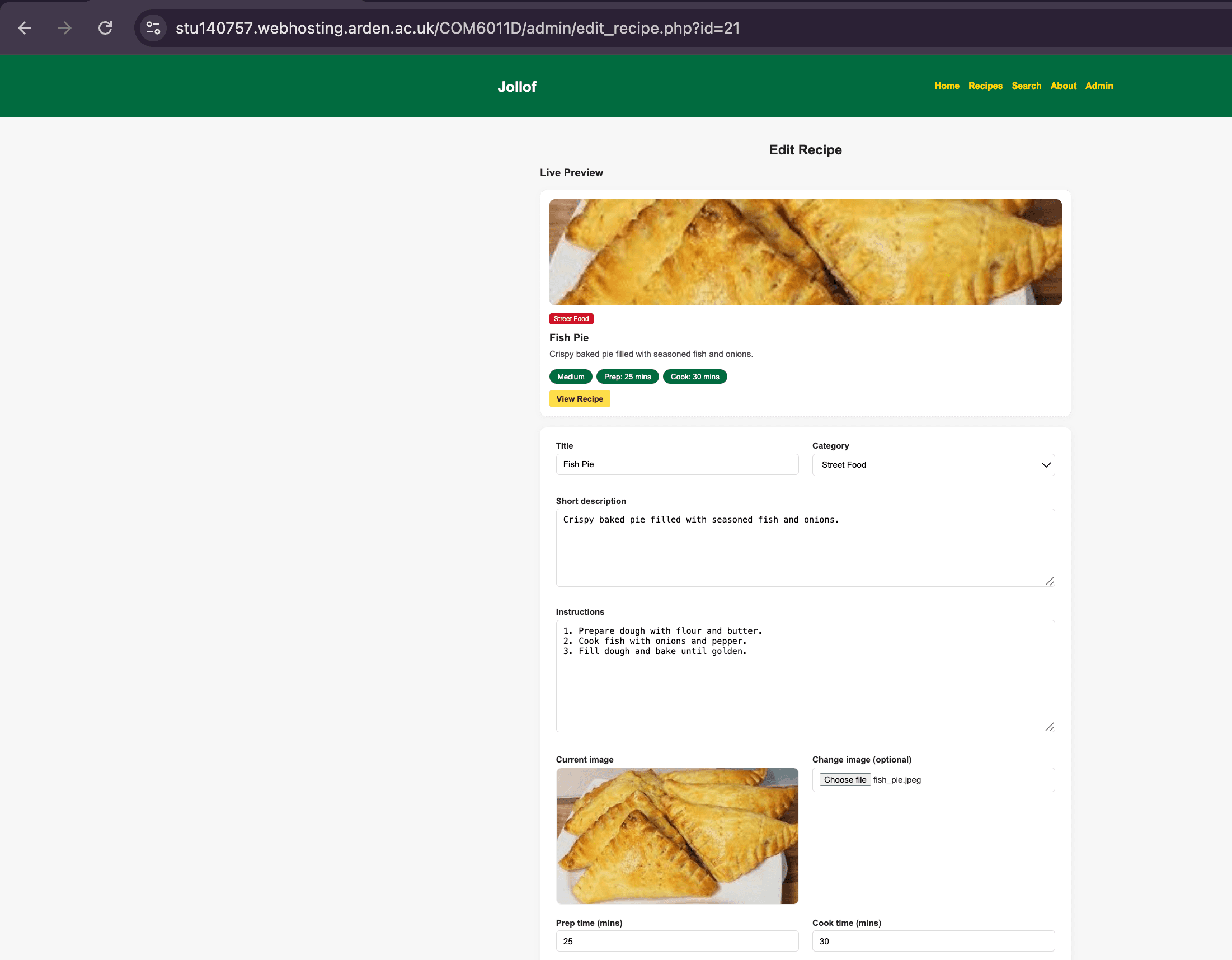 Admin edit recipe form with live preview